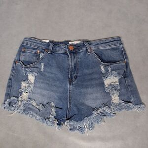 Almost Famous Cutoff Jean Shorts Women's 13 (29x3) Blue Distressed Frayed